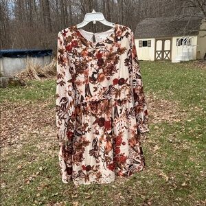 H&M Long-Sleeve Tiered Maternity Dress — Cream with Rust & Brown Floral